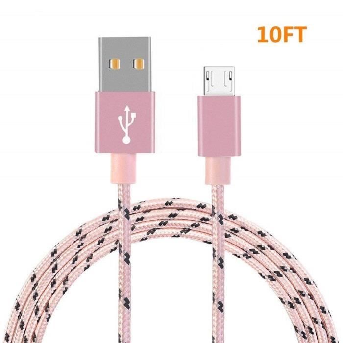 Câble micro USB, rose / noir, 3M, cordon de chargeur Android tressé en ...