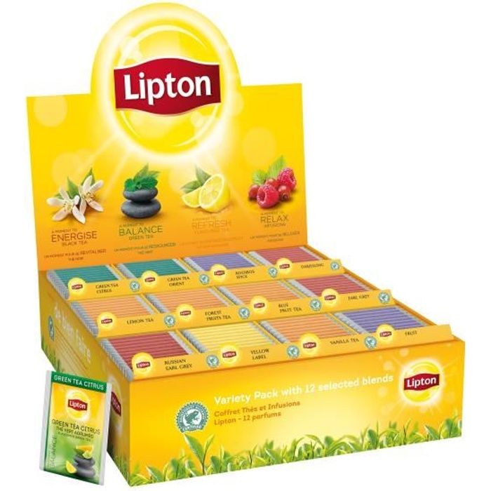Lipton coffret Thés et Infusions, Sélection Lipton Feel Good, 12 parfums  différents de thés noirs, thés verts et infusions, 1 boite, 180 sachets :  : Epicerie