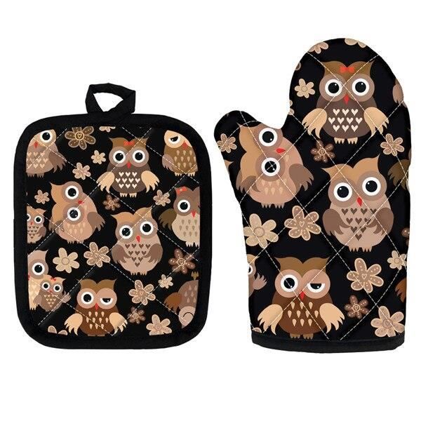 Ensemble Gants De Four Et Maniques Chouette Mignonne - Résistants à La Chaleur Pour Cuisine Et Barbecue