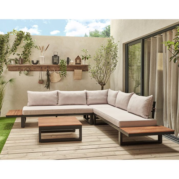 Salome - salon bas de jardin 5 places + table - modulable - bois métal et coussins beiges - Noir bois et beige