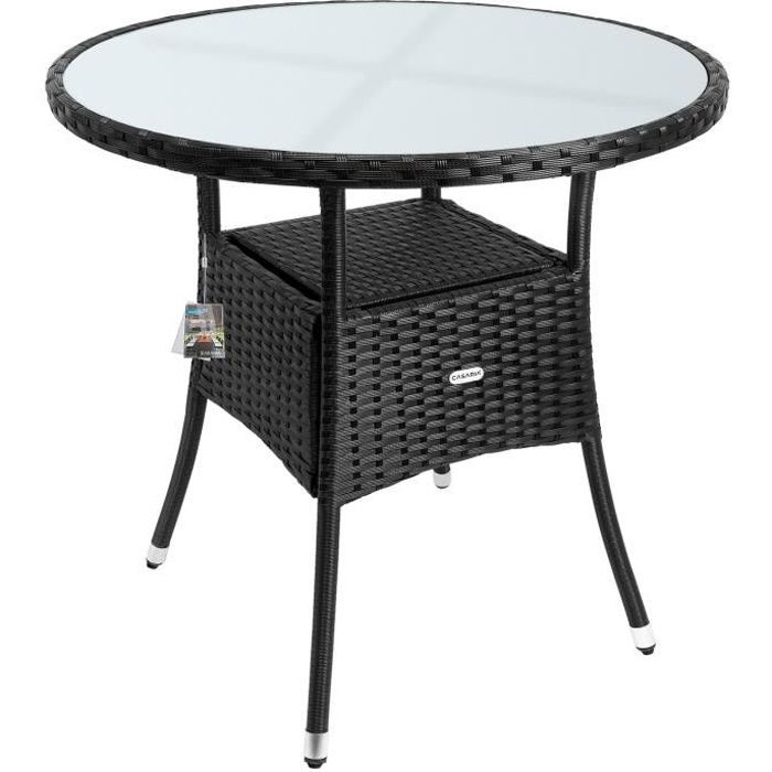 Table en polyrotin surface ronde Ø 80cm noir verre balcon jardin table d'appoint
