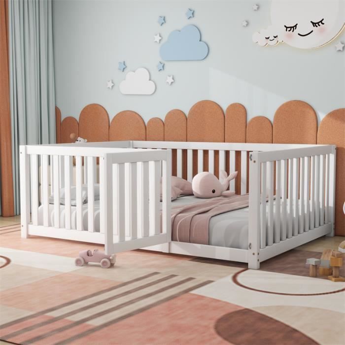 Lit évolutif bébé Lit d'enfant 140 x 200, fond en bois Cadre de lit avec  barrière et porte, Blanc - Cdiscount Maison