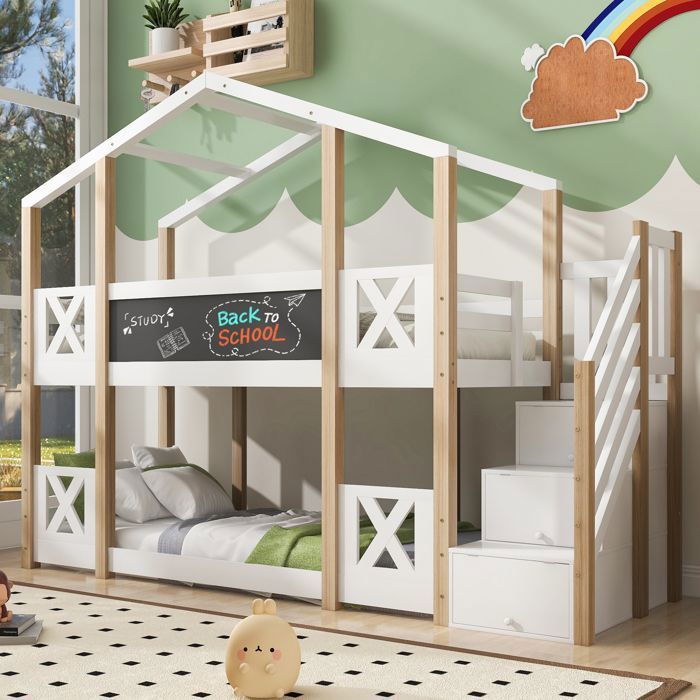 Lit superposé - MODERNLUXE - Cabane 90x200cm - Bois de pin - Naturel + Blanc - Avec escalier de rangement