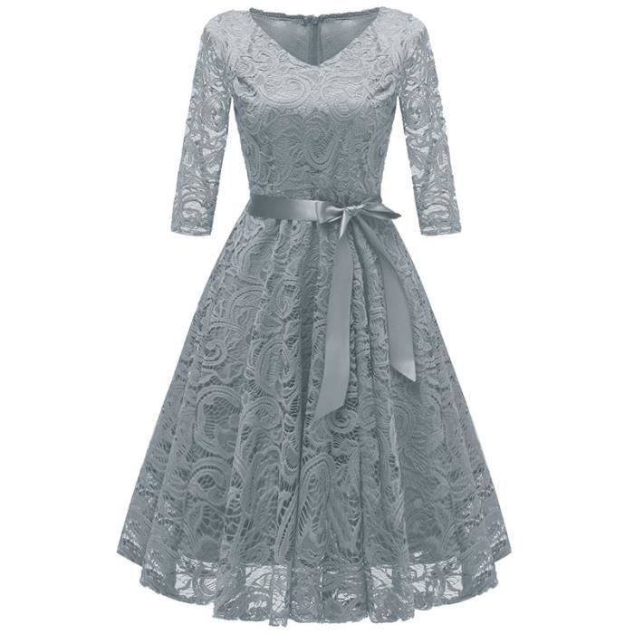 Robe de Soiree Ceremonie Femme Mi-Longue V Col Dentelle Mi-Manche Fermeture Eclair Plisses Gris 