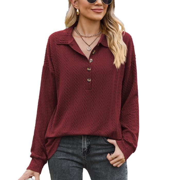 Sweat Femme INSFITY Couleur Unie Bordeaux Col Revers Manches Longues Boutons Automne Printemps