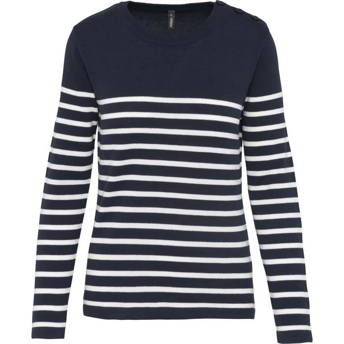 Pull femme coton Kariban Col V Bleu marine/blanc Cdiscount Prêt