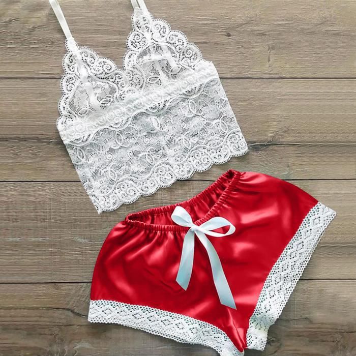 Ensemble de Caraco et Shorty pour Femme sexy en dentelle Rouge Rouge Cdiscount Pret a Porter