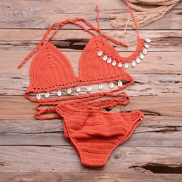 MAILLOT DE BAIN 3 pieces Bikini ensemble femme Crochet coquille gland haut de Bikini et coquillage cheville chaine Type Rusty Red Blanc Cdiscount Pret a Porter