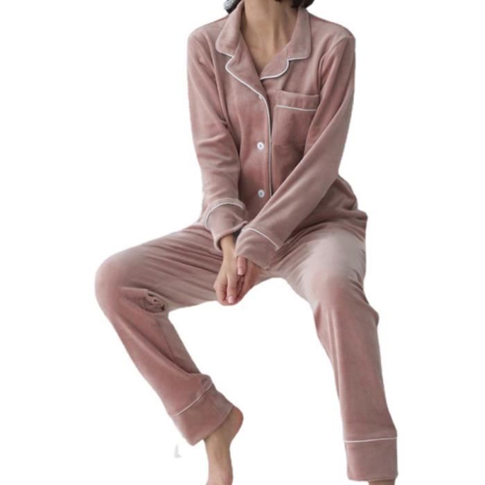 Pyjama pour Femme Velour Ensemble de Pyjama avec Bouton Hiver