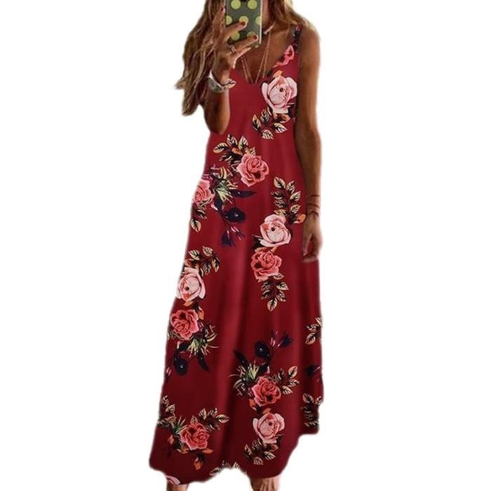 Robe D'Été Femme - Imprimé Bohème, Col V, Sans Manches - Tissu Fluide Avec Poches - Plage, Vacances, Ville