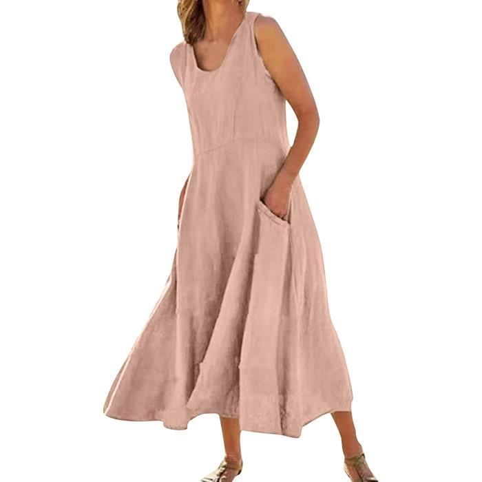 Robe d ete en lin pour femme Rose Sans manches Col rond