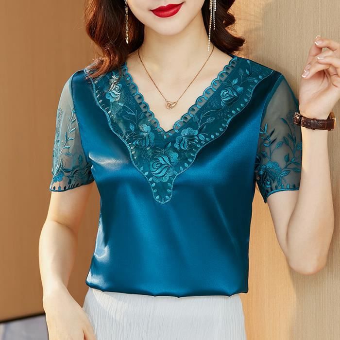 Chemise Chemise et chemisier en Satin a manches courtes en dentelle hauts brodes cousus a la mode elegante de Lac bleu F9 Blanc Cdiscount Pret a Porter