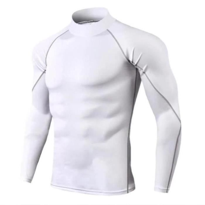 T-Shirt de Sport Compression Homme Maillot Manches Longues Vetement de  Fitness Running - Blanc KJEHOME