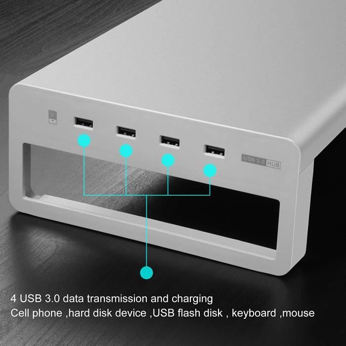 Support de Moniteur Rehausseur Écran avec 4 Ports 3.0 Hub USB Support  Ordinateur Lever PC Stand en Verre Trempé, Organisateur de Bureau avec  Câble USB