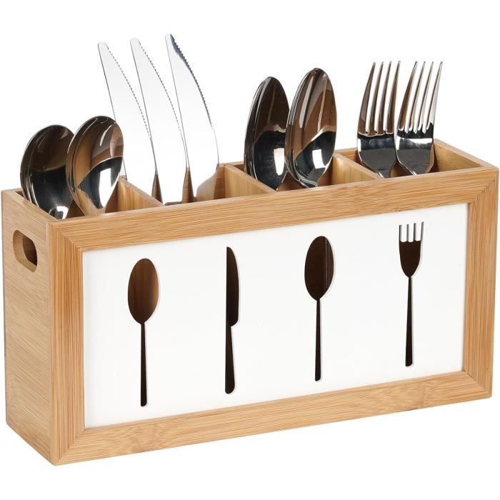 Porte-couverts En Bois Massif Avec 3 Compartiments - 25,5 X 8,7 X 11 Cm, Pour Organisation Cuisine Ou Pique-nique