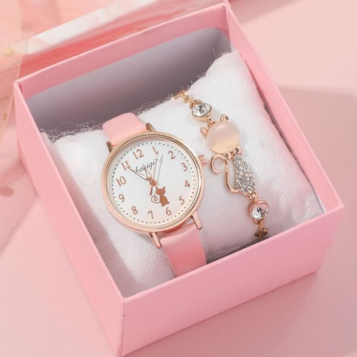 Coffret montre enfant fille + bracelets - chat mode mignon bracelet en cuir diamant cadeau de Noël