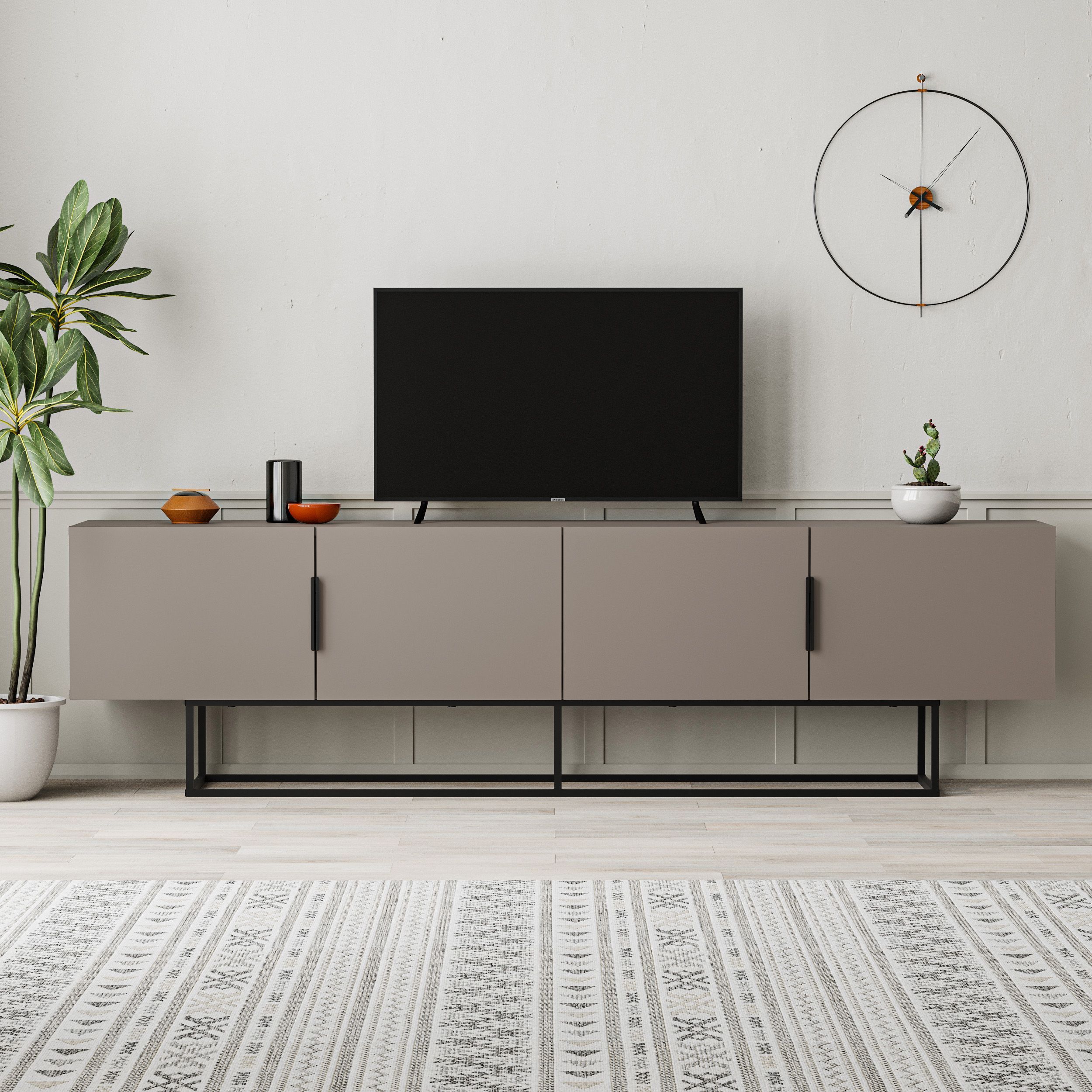 GENERIQUE Meuble TV TITAN A Moka 4 portes m&eacute;tal noir sur&eacute;lev&eacute; 200 x 35 x 55 cm