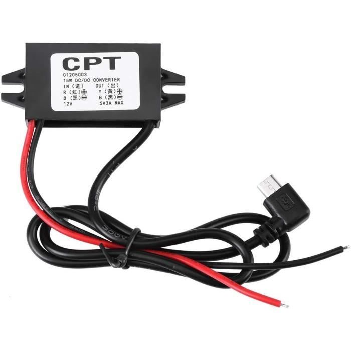 Convertisseur DC-DC 12V Vers 5V / 3A - Sortie Micro USB - Pour Voiture, Alimentation Smartphone, LED - Haut Rendement 95%, Protections Intégrées