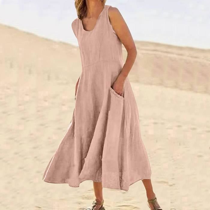 Robe d ete en lin pour femme Rose Sans manches Col rond Rose Cdiscount Pret a Porter