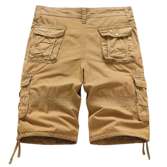 Short Cargo Homme Multipoches en Coton Casual Short Ete Coupe Droite Couleur Unie Tissu Confortable Kaki