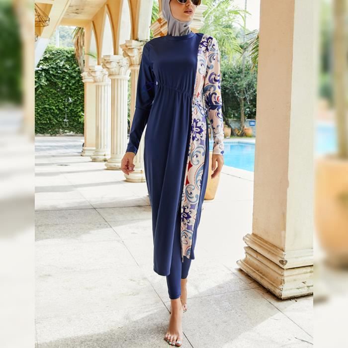 Bleu M Maillot de Bain Burkini Musulman pour Femme Robe Longue Hijab Modeste Vetement de Natation Cdiscount Maison
