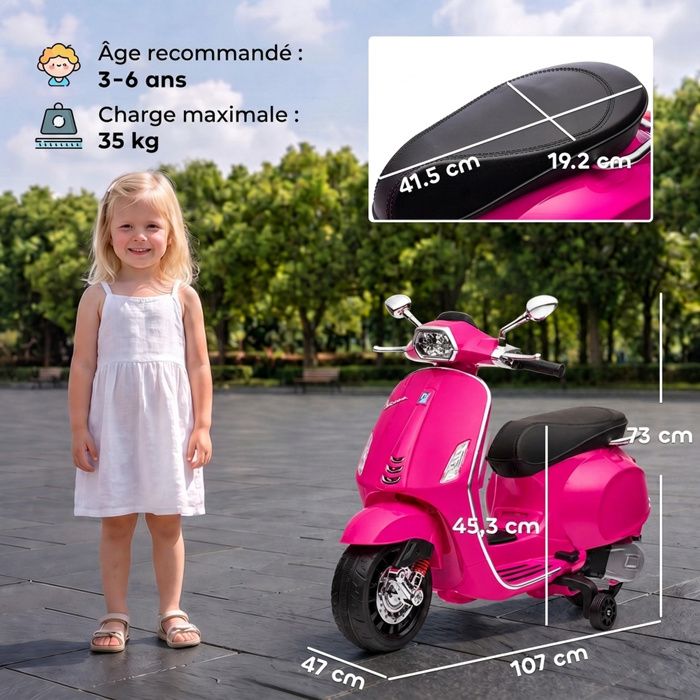 Scooter électrique Enfant HOMCOM Style Vespa - Blanc - 6V - Avec Roulettes - 3-6 Ans
