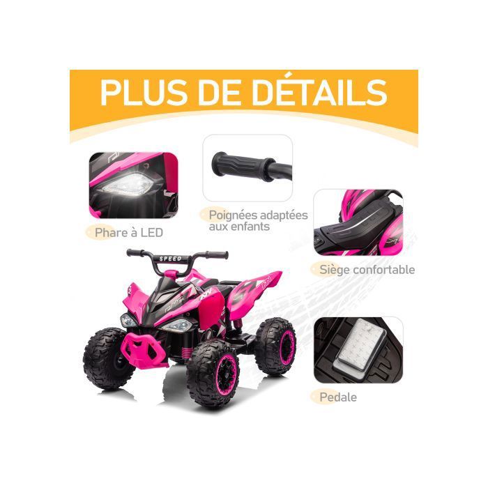 12v Quad Electrique Enfants Avec Lumières LED Et Musique, 129 X 69 X 72 Cm Noir