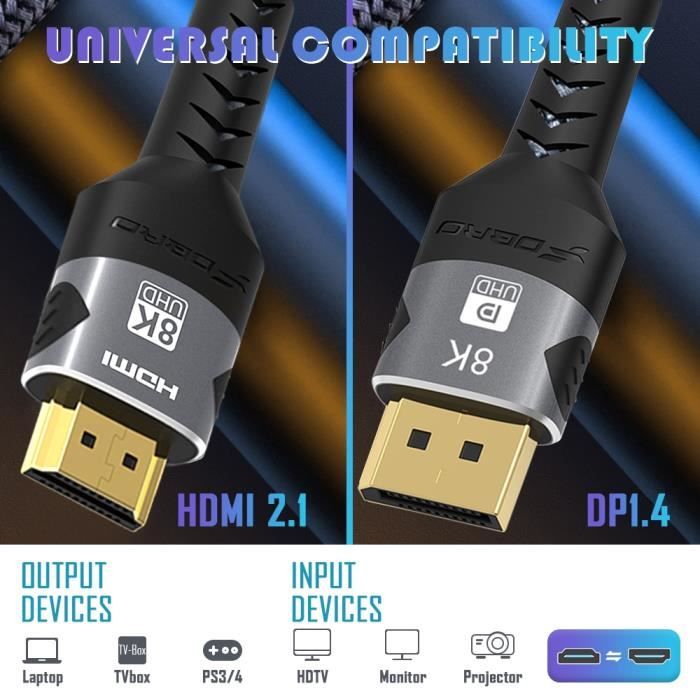 3m - HDMI - câble HDMI 2.1 Displayport 1.4 8K 4K HDR 165Hz 60Hz 48Gbps,  adaptateur de Port d'affichage pour P - Cdiscount Informatique