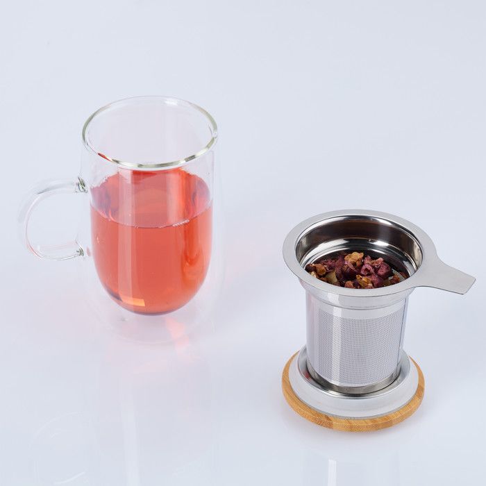 Relaxdays Tasse Thé Double Paroi 430 Ml – Verre Borosilicate Avec Infuseur Et Couvercle Bambou