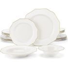 MALACASA Vaisselle Série Lotus-GT, 16 Pièces Service Complet de Table en Porcelaine avec bord doré pour 4 Personnes - Blanc