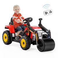 COSTWAY Voiture Électrique Enfants 12V Tracteur avec Rouleau Compresseur, Télécommande, Lumières, Klaxon, Rouge