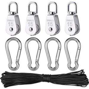 Lot De 4 Poulies De Levage M15 En Acier Inoxydable 304 - Charge Max 35 Kg, Pivot 360° - Pour Corde, Tyrolienne, Rangement