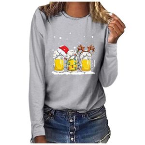 T-SHIRT T-shirt Femme Pull de Noël décontracté à manches longues avec col rond et bière Argenté