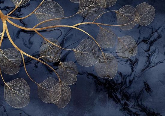 Papier Peint Panoramique 3D Feuilles D'Or Fond D'Art Bleu Branches ...