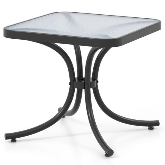 Table Bistrot Giantex 86cm Noir - Plateau Verre Sérigraphié Avec Trou Parasol - Parfaite Pour Jardin Et Terrasse