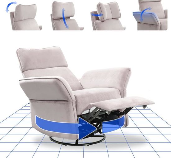 Chaise à Bascule Moderne Avec Repose-Pieds, Fauteuil Inclinable Rembourré Avec Dossier Haut, Fauteuil D'appoint à Bascule Avec Pieds En Bois Massif Pour Salon/Blanc