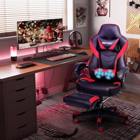 Chaise Gaming Ergonomique ALTAIR Noir/Rouge - Dossier Inclinable 135° - Repose-Pied - Réglable En Hauteur