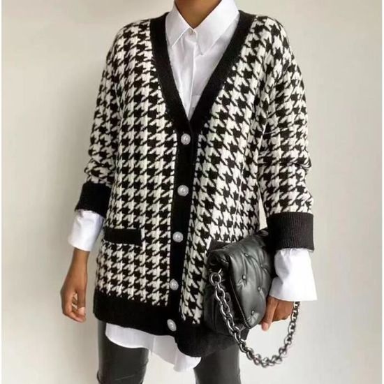 2 semaines livr es Cardigan pied de poule noir manches longues