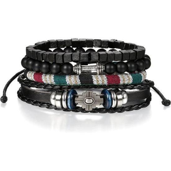 Bracelet Artisanal Multi-Rangs En Cuir, Bois & Alliage – Style Rétro – Pour Homme Et Femme – Avec Sac Cadeau