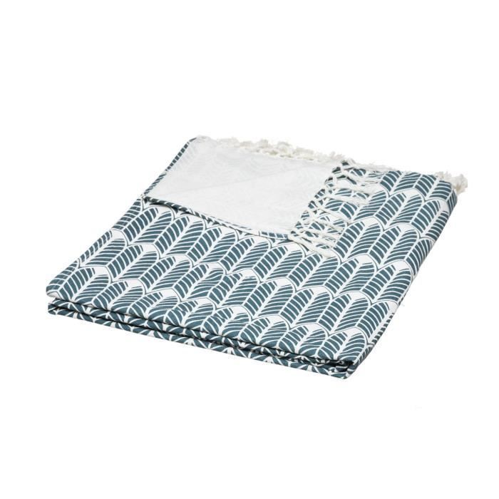 Atmosphera - Jeté de lit en Coton Bleu Canard imprimé Paon 160 x 220 cm