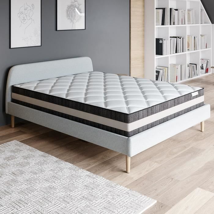 Ensemble matelas ressorts 160x200 Spring Luxe + Lit gris clair + sommier à lattes - Mousse HD + Ressorts ensachés - Hbedding