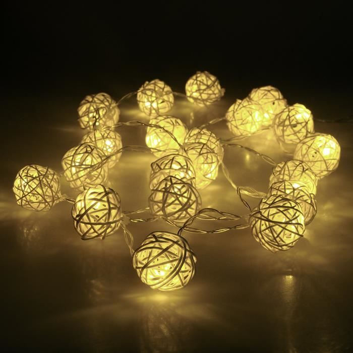 Guirlandes lumineuses d'extérieur 20LED Batterie Rotin pour Jardin,Maison,Mariage,Fête de Noël(Blanc Chaud)