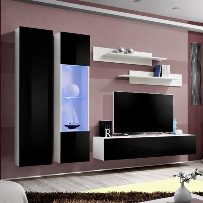 Mur TV design noir et blanc TEODORO Noir L 260 x P 40 x H 190 cm