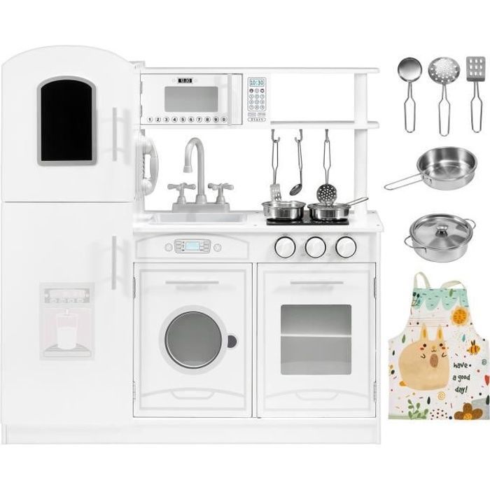 Mamabrum Cuisine Enfant en Bois XL 84 x 29 x 81 cm- Réfrigérateur Four Téléphone Lave-Linge Plaque de Cuisson Accessoires - CE Blanc