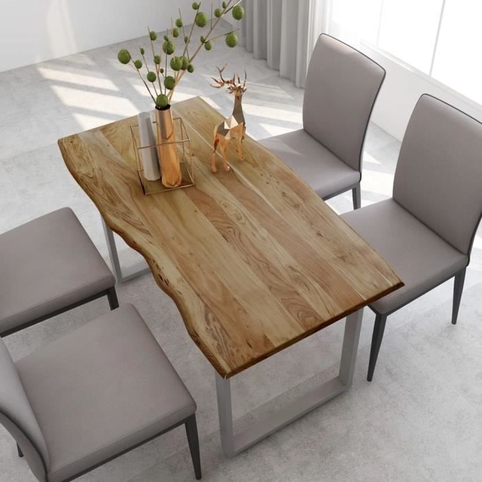 Table de salle à mange 4 à 6 personnes - Style Industriel et Rustique - Bois d'acacia Solide & Pieds en Acier Argenté - 140x70x76 cm
