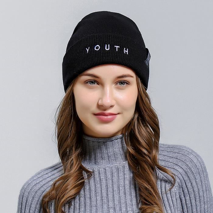 Casquette de crâne en tricot extensible chaud épais pour femme LZ180, noir