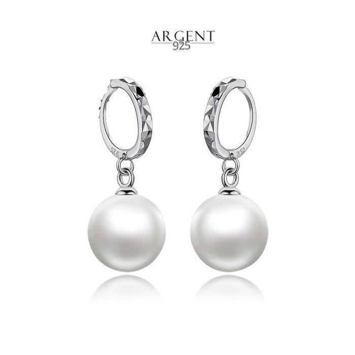 NACRE DE PERLE Boucles d'oreille Créoles Perle Blanche 1 cm Argent 925