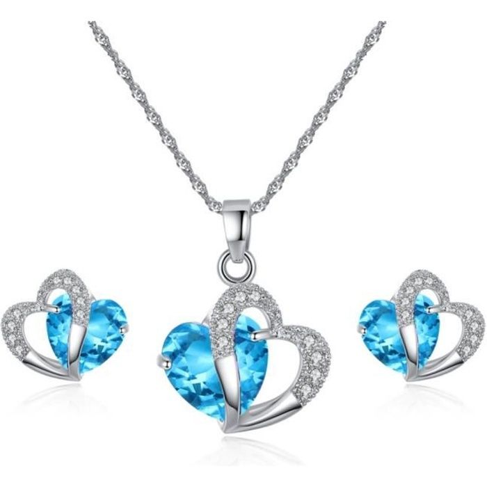 Parure Bijoux Coeur Cristal Swarovski Elements Turquoise Plaqué Or Blanc 750