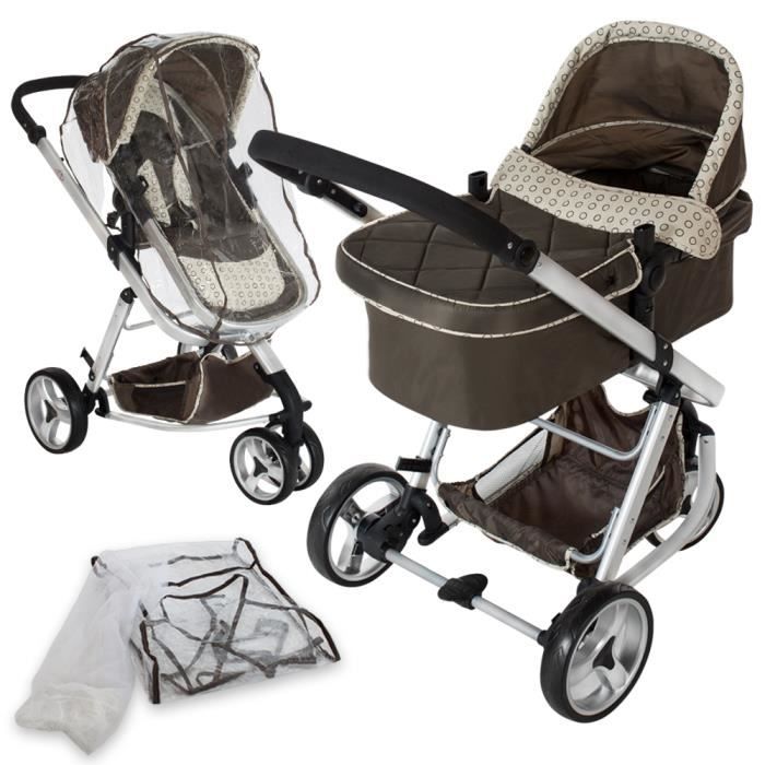 TECTAKE Poussette 3 en 1 Combinée (Landau, Poussette Canne, Porte Bébé) Pliable + 1 Moustiquaire + 1 Habillage Pluie Marron