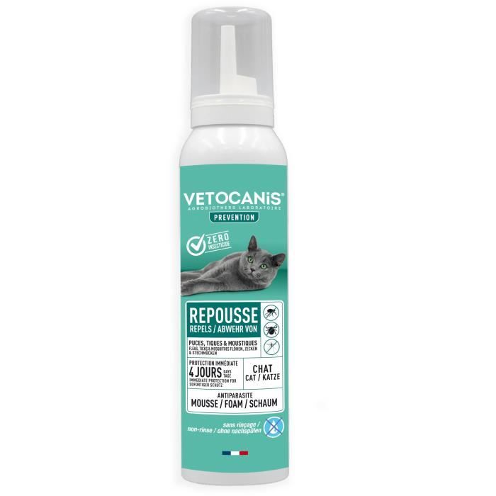 VETOCANIS Mousse anti-puces, anti-tiques et anti-moustiques - 150 ml - Répulsif efficace 7 jours - Pour chat